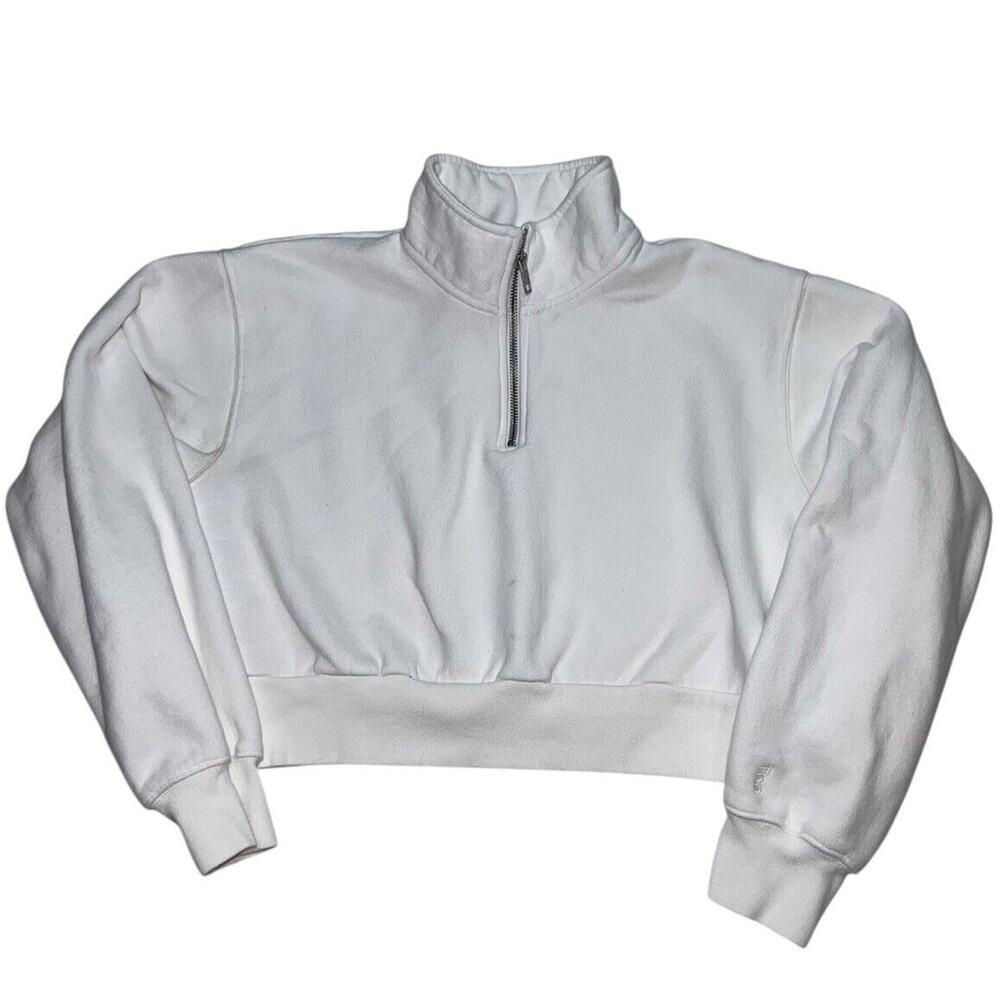 Aritzia TNA 1/4 Zip Pullover Womens Size S White Cropped Casual Warm Lounge Gym